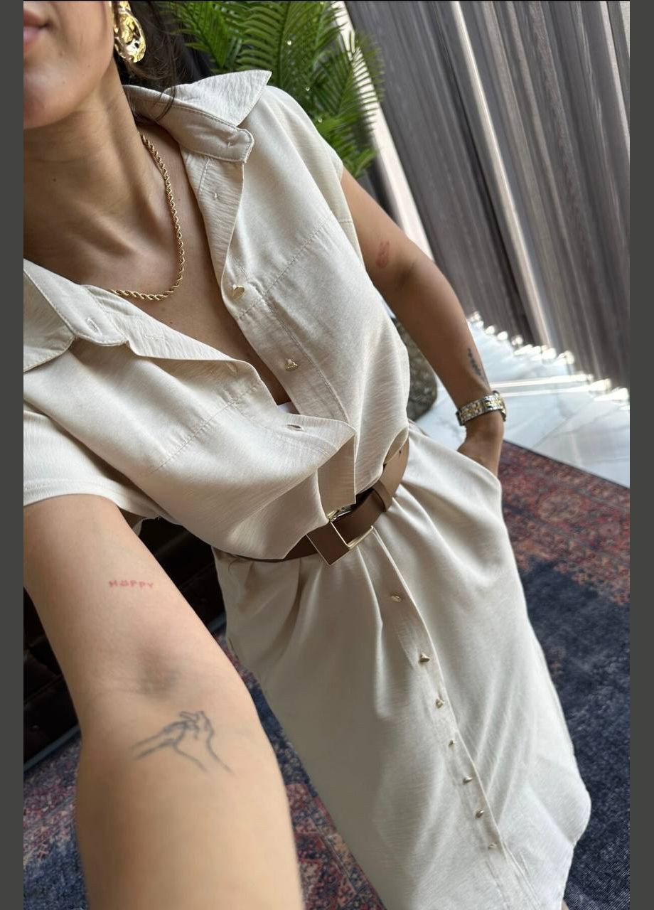 Бежевое кэжуал платье-рубашка из льна длины меди рубашка MonCher