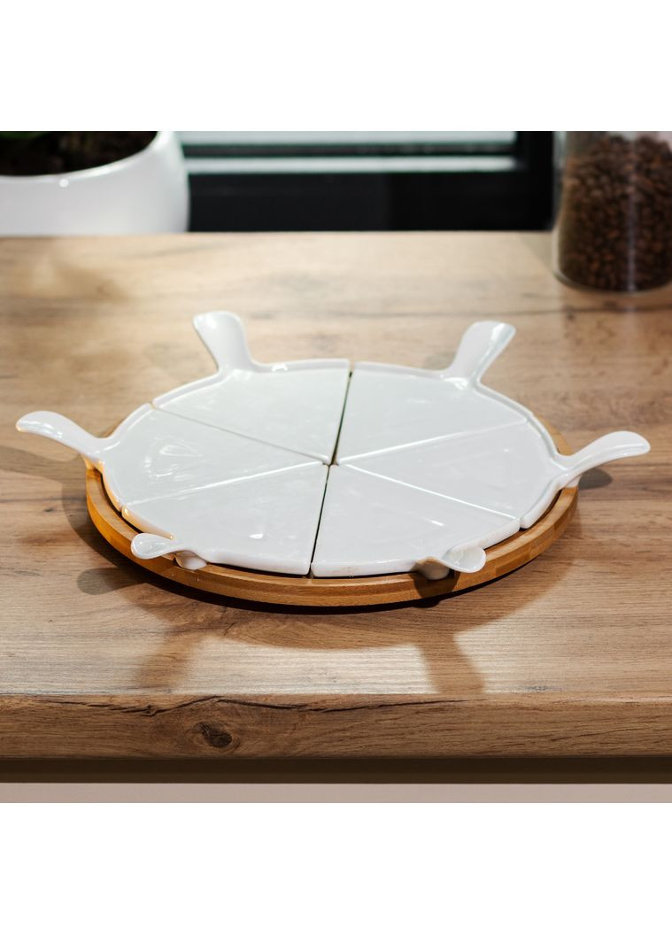 Тарілка для піци 28 см керамічна що обертається, бамбукова основа Білий Yiwu (360455087)