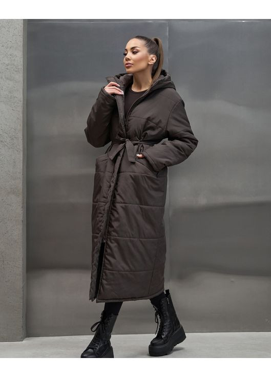 Темно-коричнева зимня довгий пуховик з капюшоном ISSA PLUS