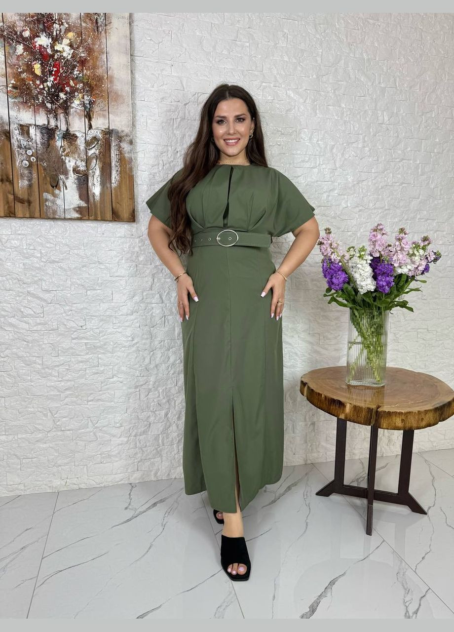 Оливковое (хаки) платье с поясом Україна однотонное
