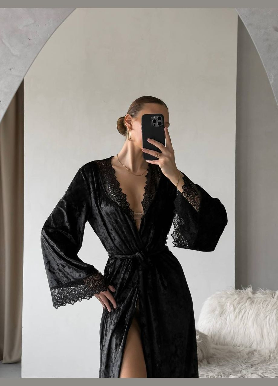 Женский бархатный для дома черный No Brand халат (317253564)