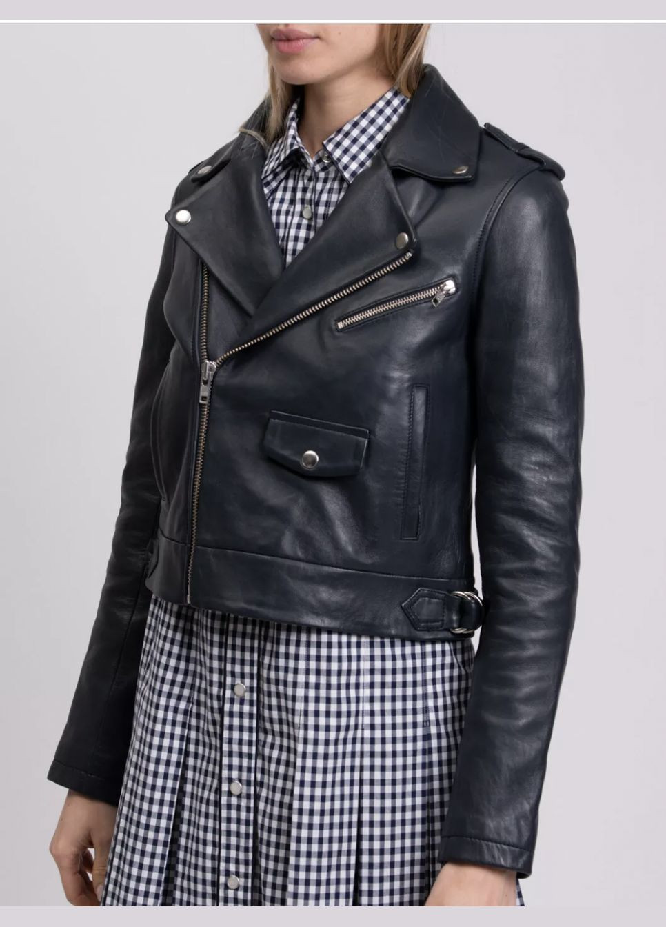 Темно-синя демісезонна стильна шкіряна куртка косуха, байкерська Maje байкерська шкіряна косуха Bastille