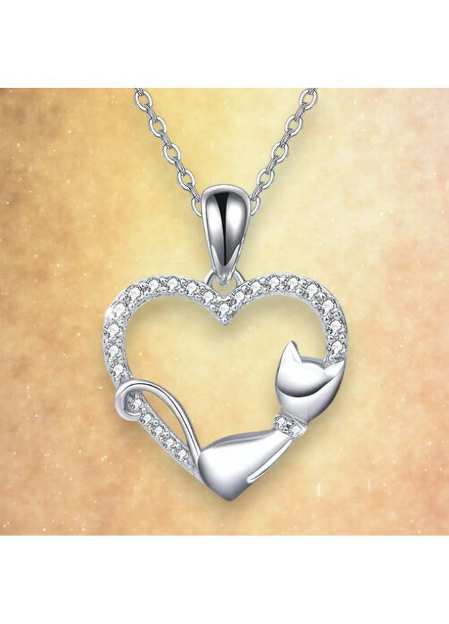Кулон сріблястий на ланцюжку серце з котом білі фіаніти 2.4 см 45+5 см OrnatusDivinus824 Fashion Jewelry (368561356)