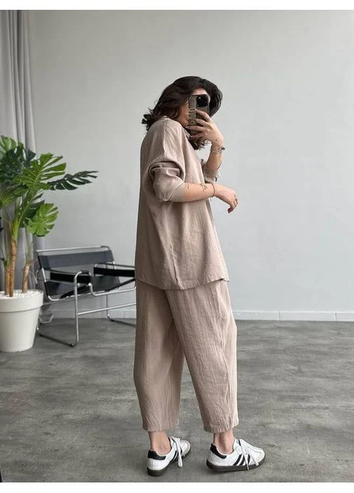Жіночий лляний костюм сорочка оверсайз та штани No Brand А878-343/1 (395313840)