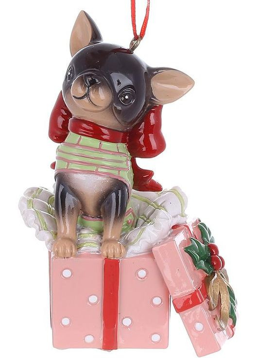 Фигурка подвесная декоративная Чихуахуа с подарком 10 см полистоун для новогоднего декора. BonaDi (368977286)