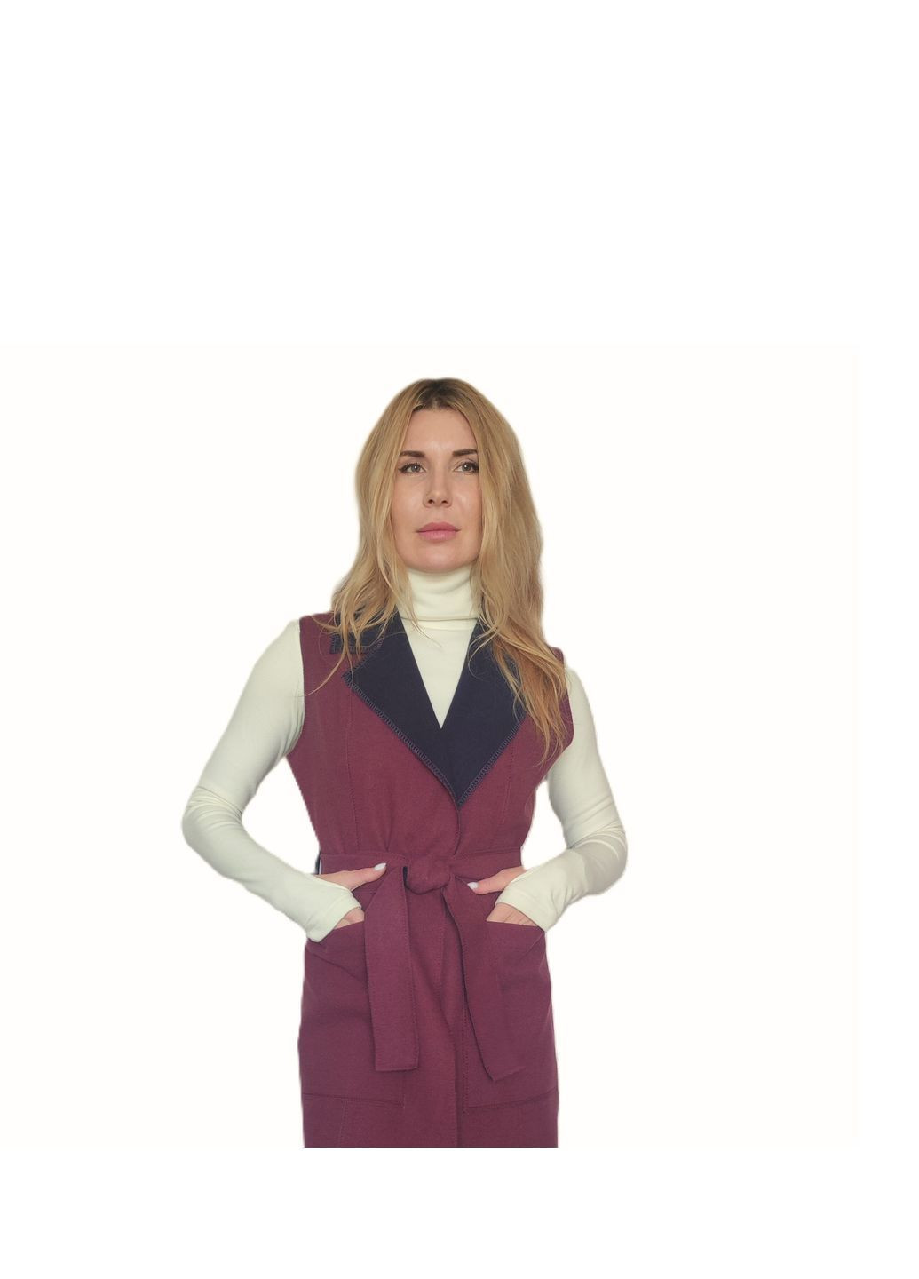Подовжений двосторонній жилет із поясом бордово-фіолетовий Capricious 171 (365754401)