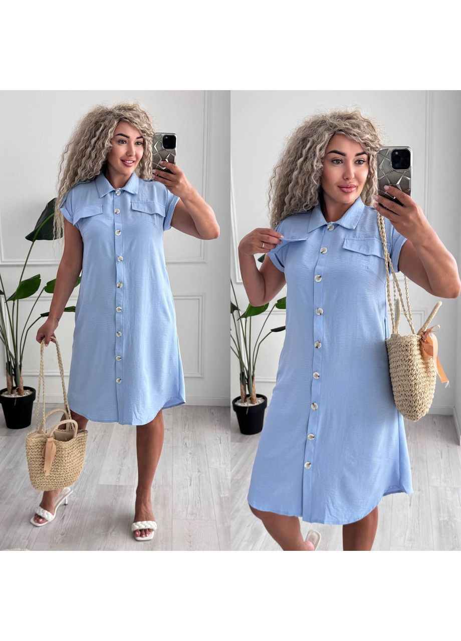 Голубое платье американский креп жатка на пуговицах с карманами и поясом Україна