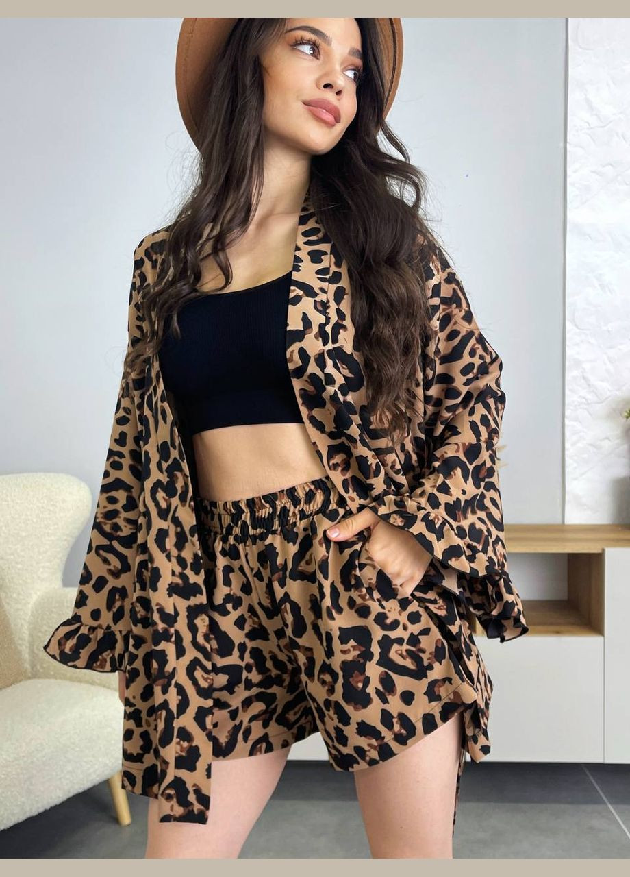 Жіночий літній костюм в принті кімоно + пояс + шорти MonCher (334676351)