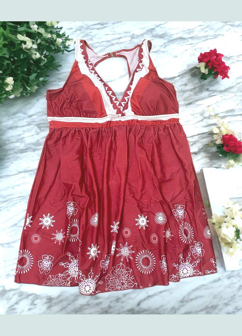 Бордовый летний купальник-платье женское раздельное танкини большой размер бордовый с белым принтом. танкини, купальник-платье No Brand 1455