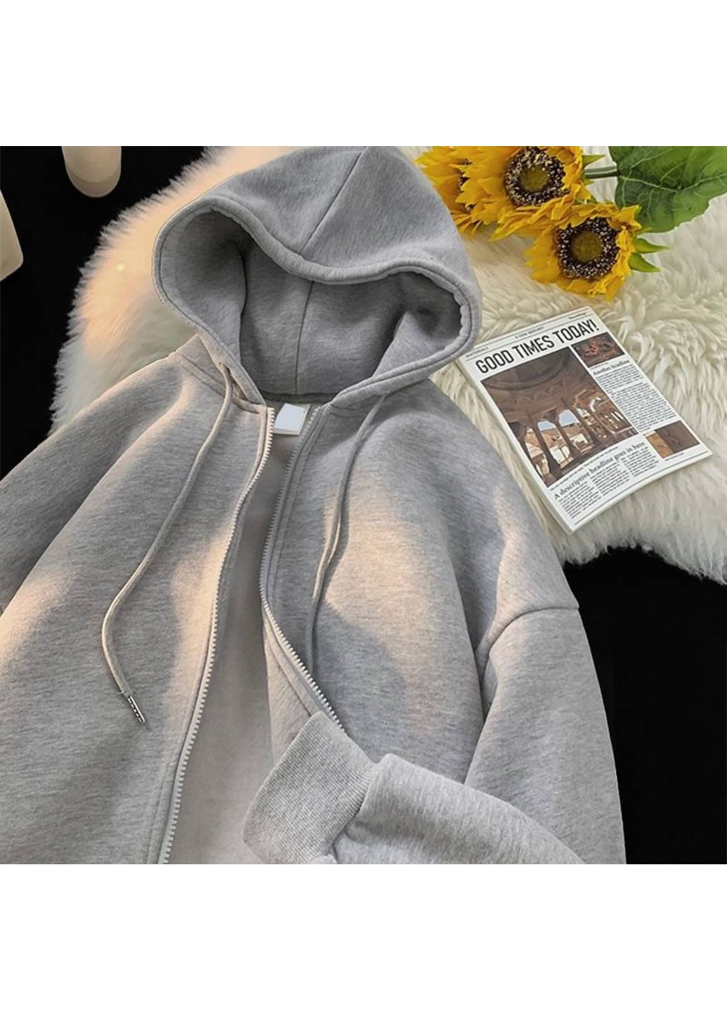 Женское зип-худи оверсайз на молнии теплое на флисе с капюшоном размер GF052 No Brand (365823283)