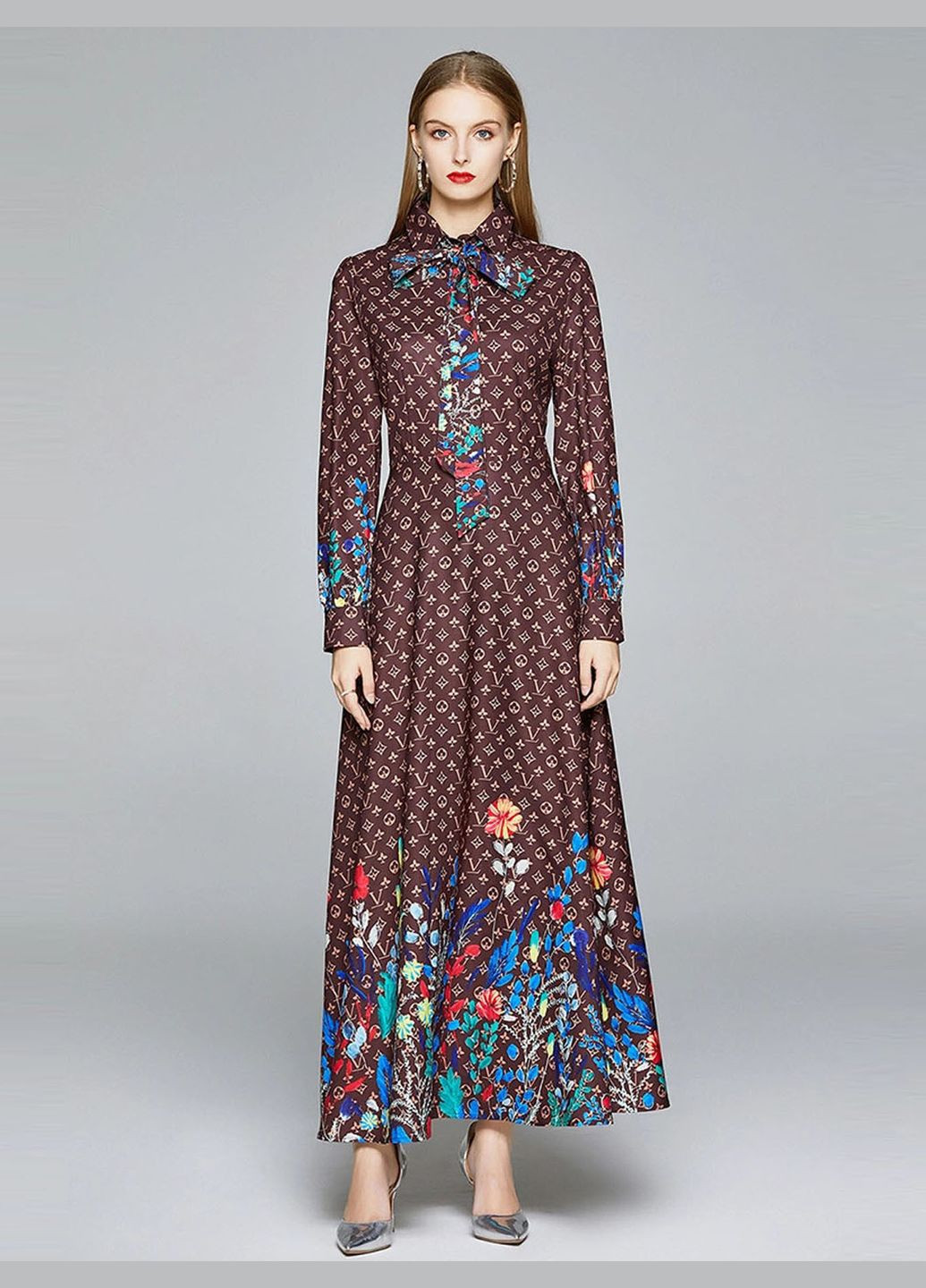 Коричневое вечернее платье принтовое макси lw-216 коричневый Lowett с цветочным принтом