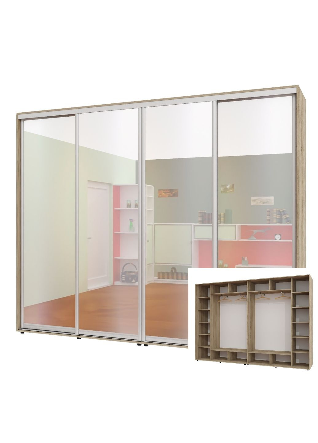 Шафа-купе чотиридверна 310*45*220 см Дуб крафт сірий 4 двері Дзеркало ШК-02 Алекса (360478194)
