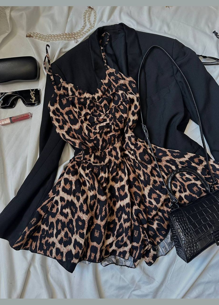 Комбинезон женский Україна комбинезон-шорты леопардовый темно-бежевый повседневный штапель