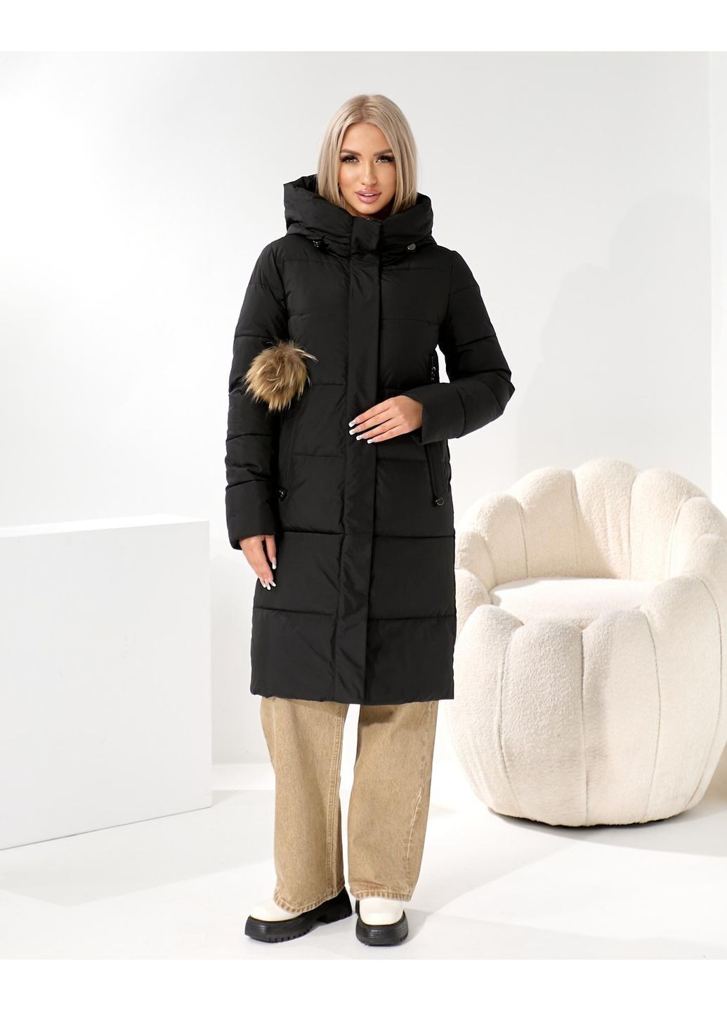Чорне зимнє Стильне тепле пальто No Brand