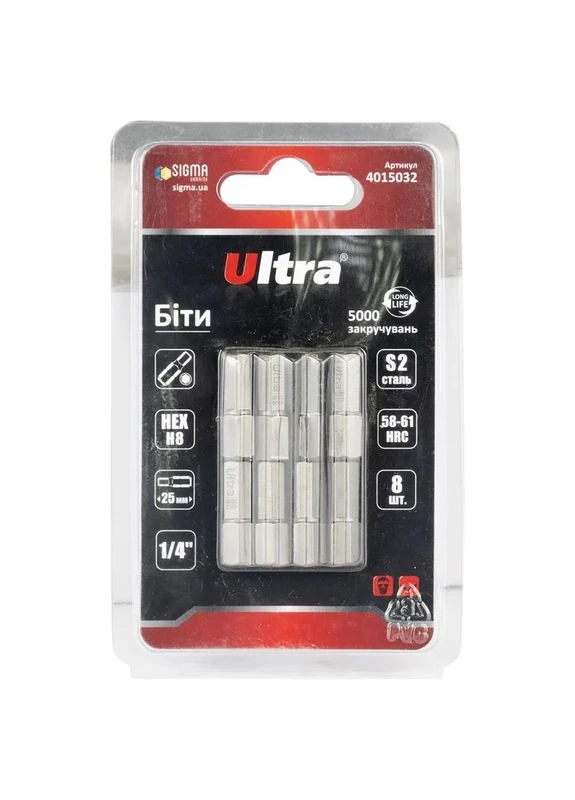 Біти HEX 8×25мм ¼" 8шт S2 (блістер) (4015032) Ultra (401525751)