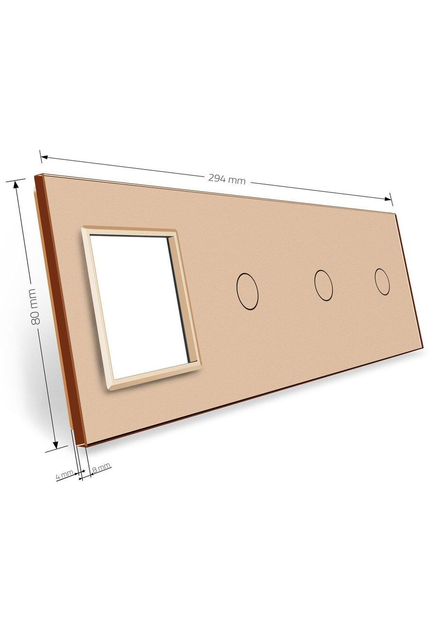 Рамка 4-постова для трьох 1-сенсорних вимикачів і розетки (1-1-1-0), загартоване скло, золота, 294×80 мм Livolo (370971095)