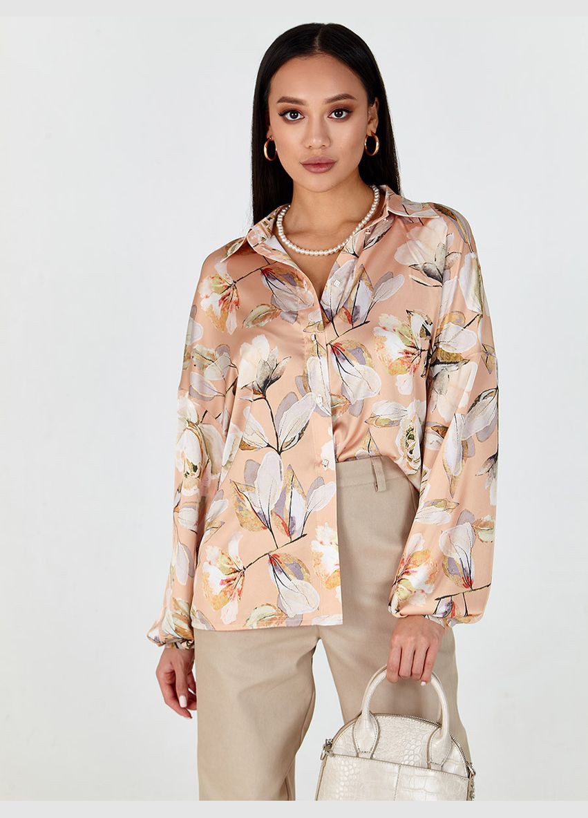 Помаранчева демісезонна блуза жіноча шовкова з принтом персикова mksh2633-3 Modna KAZKA