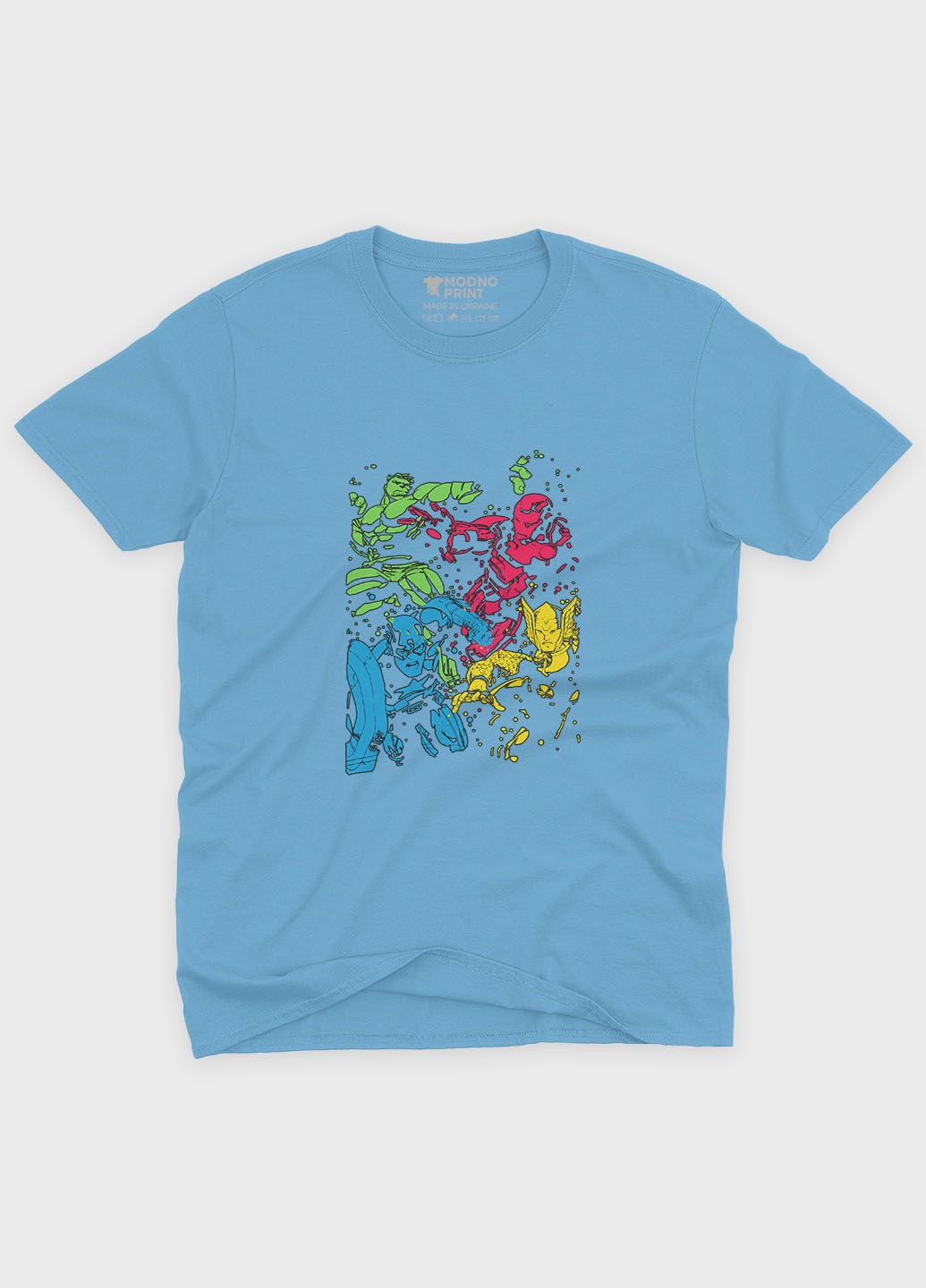 Блакитна демісезонна футболка для хлопчика з принтом супергероями - месники (ts001-1-lbl-006-025-002-b) Modno