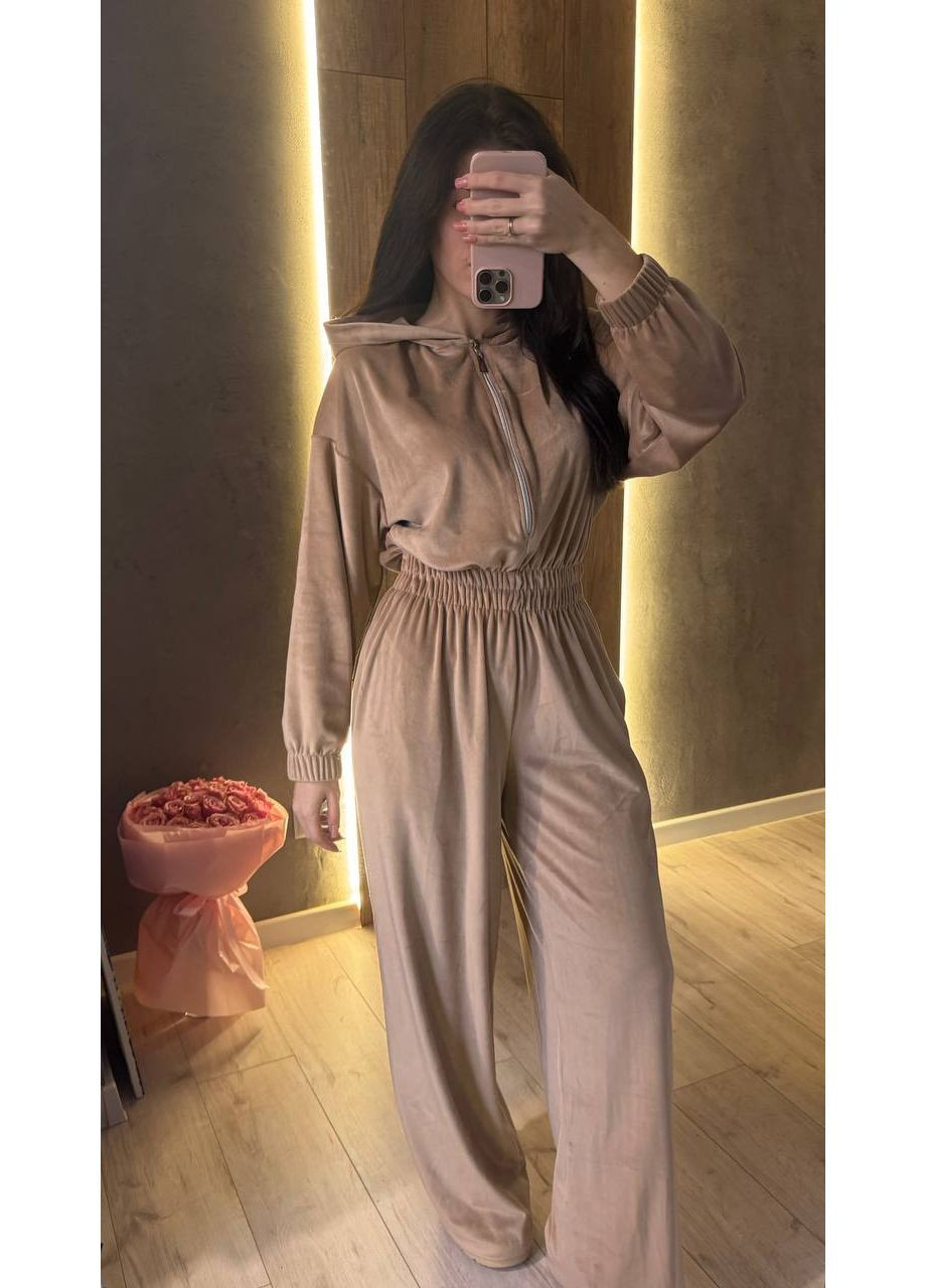 Женский велюровый комбинезон с капюшоном и акцентом на талии. MonCher комбинезон-брюки бежевый повседневный велюр