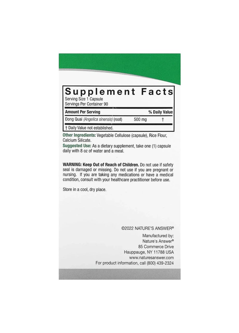Дудник китайский Dong Quai 1000 мг, 90 капсул Nature's Answer (361115074)