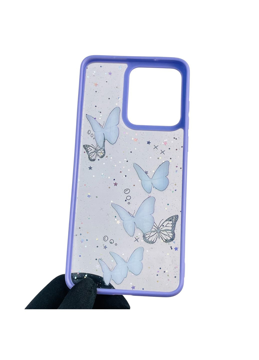 Чохол для Moto G84 (PAYM0011RS) з блискітками з метеликами на моторола г84 бузковий Motorola (366389588)