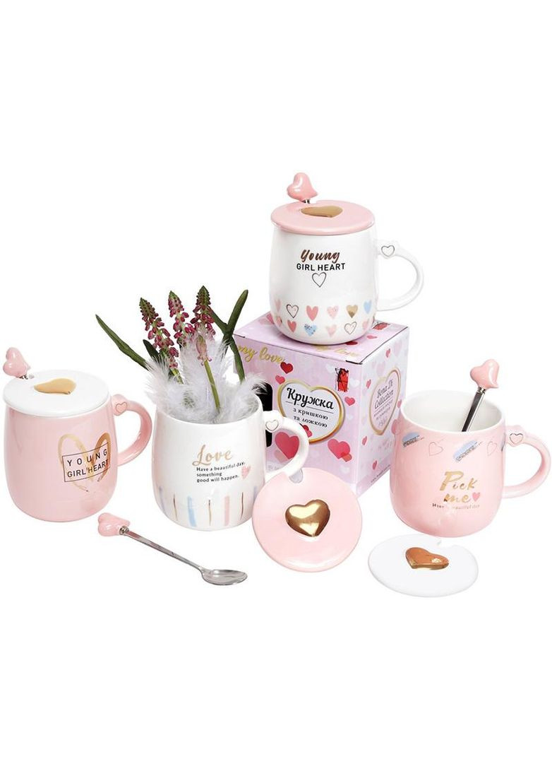 Кружка фарфоровая "Girl's heart" 420мл с крышкой и ложкой Bona (372173952)