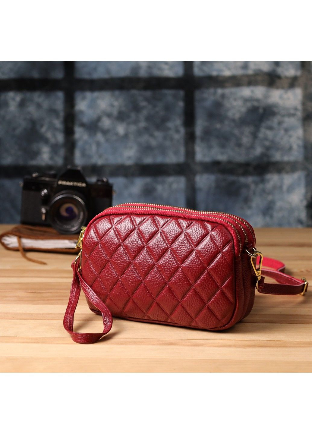 Сумка на три отделения для женщин из натуральной кожи 22889 Бордовый Vintage (357494988)