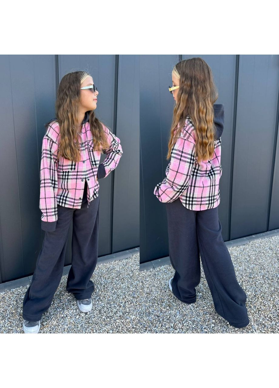 Розовый комплект рубашка байка + брюки на флисе для девочек No Brand