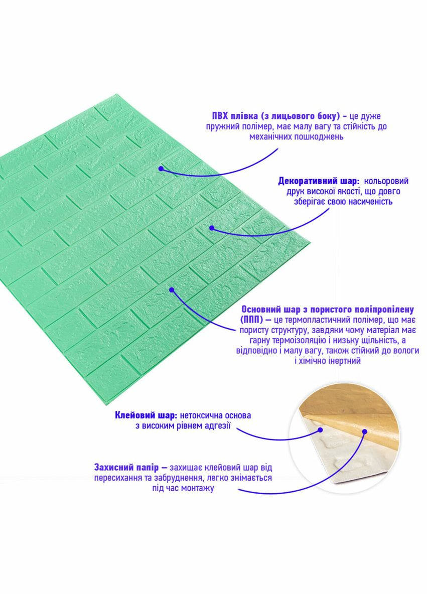 3D панель самоклеюча цегла М'ята 700х770х5мм (012-5) SW-00000148 Sticker Wall (298284221)