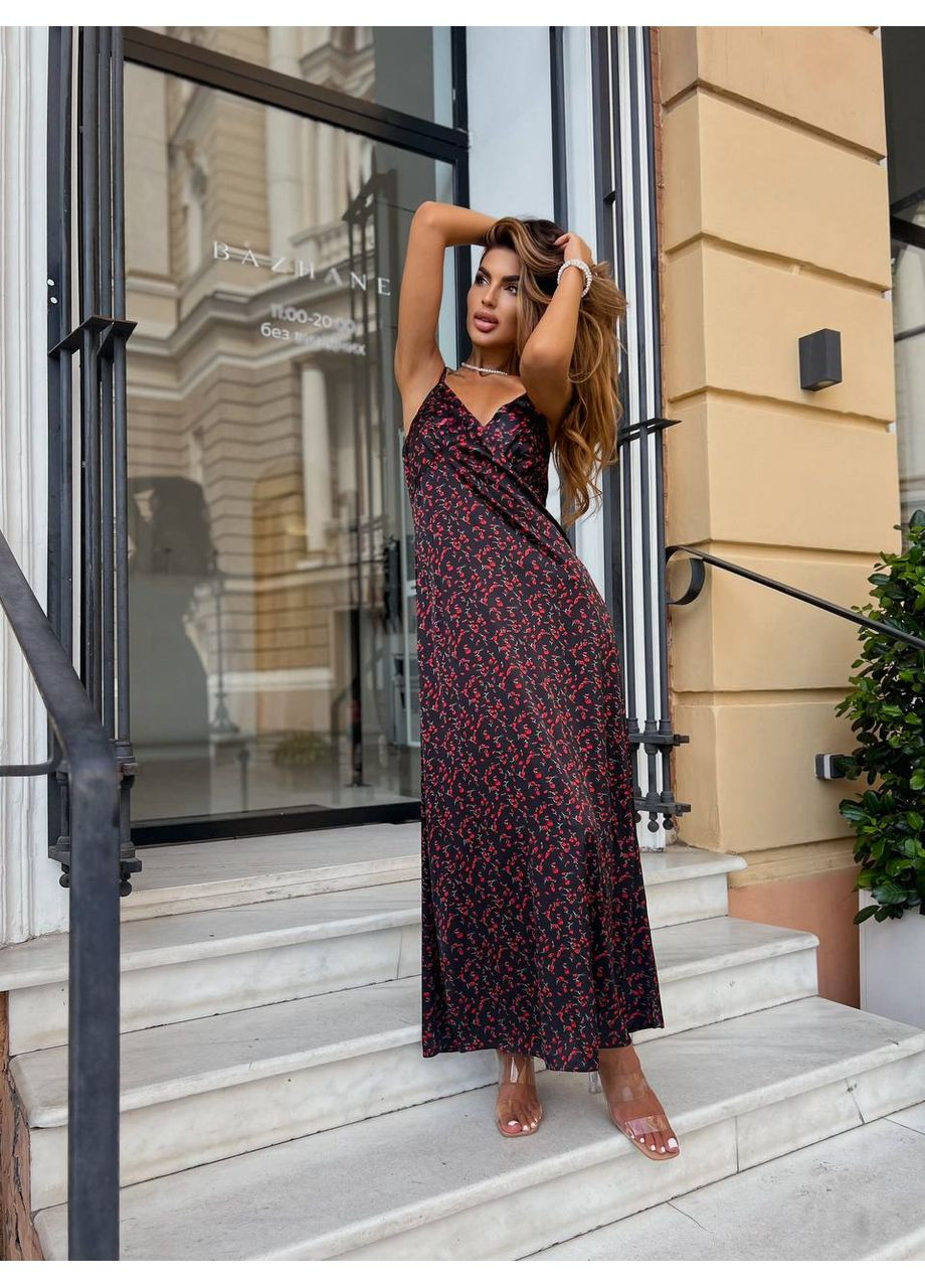 Чорна кежуал жіноча шовкова сукня в квітковий принт сукня-комбінація Україна з квітковим принтом