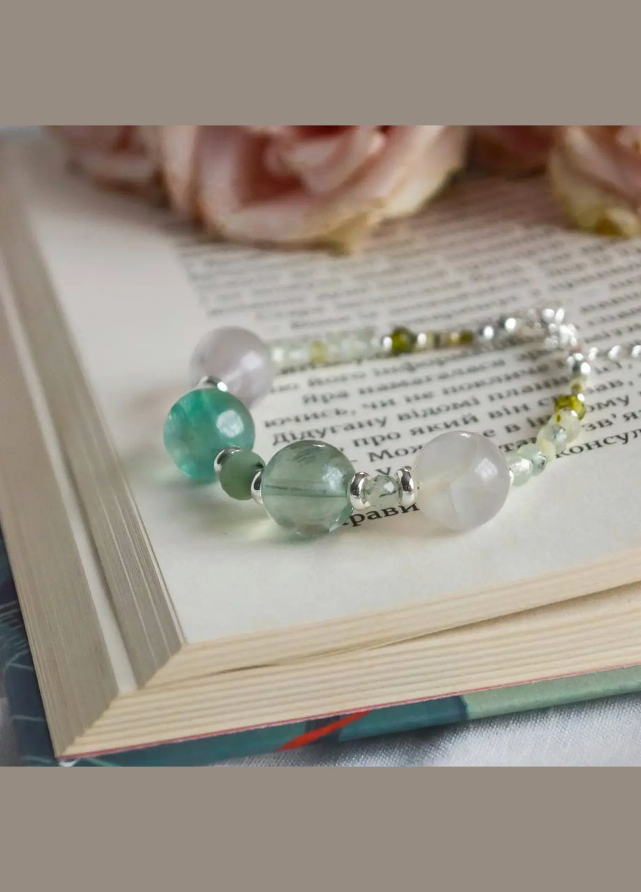 Браслет натуральний камінь Флюорит+Преніт+Жадеїт+Циркон+Гранат, фур-ра гіп-ний сплав d-12-2мм+- L-18-23см No Brand браслет (303359761)