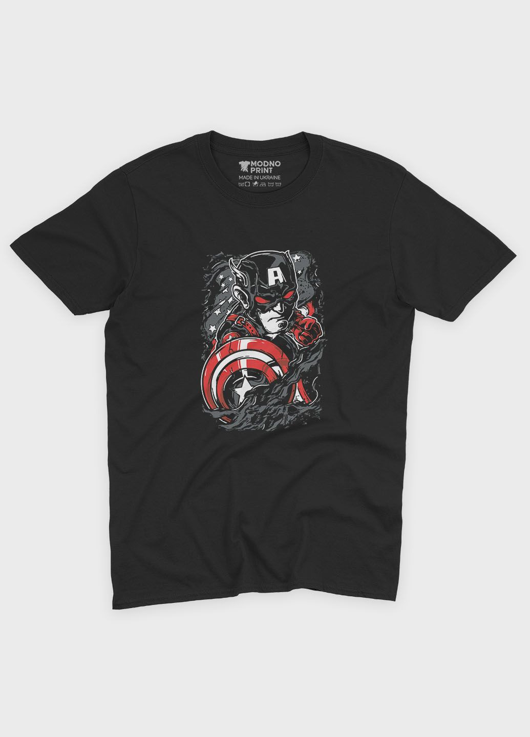 Чорна демісезонна футболка для хлопчика з принтом супергероя - капітан америка (ts001-1-bl-006-022-013-b) Modno