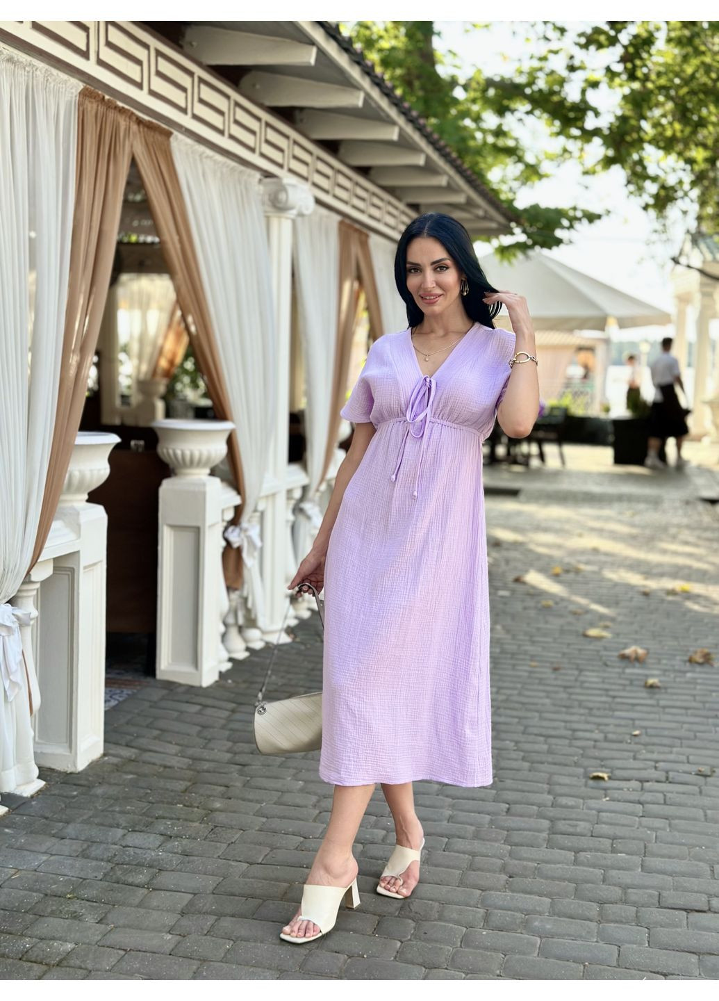 Бузкова жіноча довга літня сукня з мусліну легка із завищеною талією розмір gf58774 No Brand