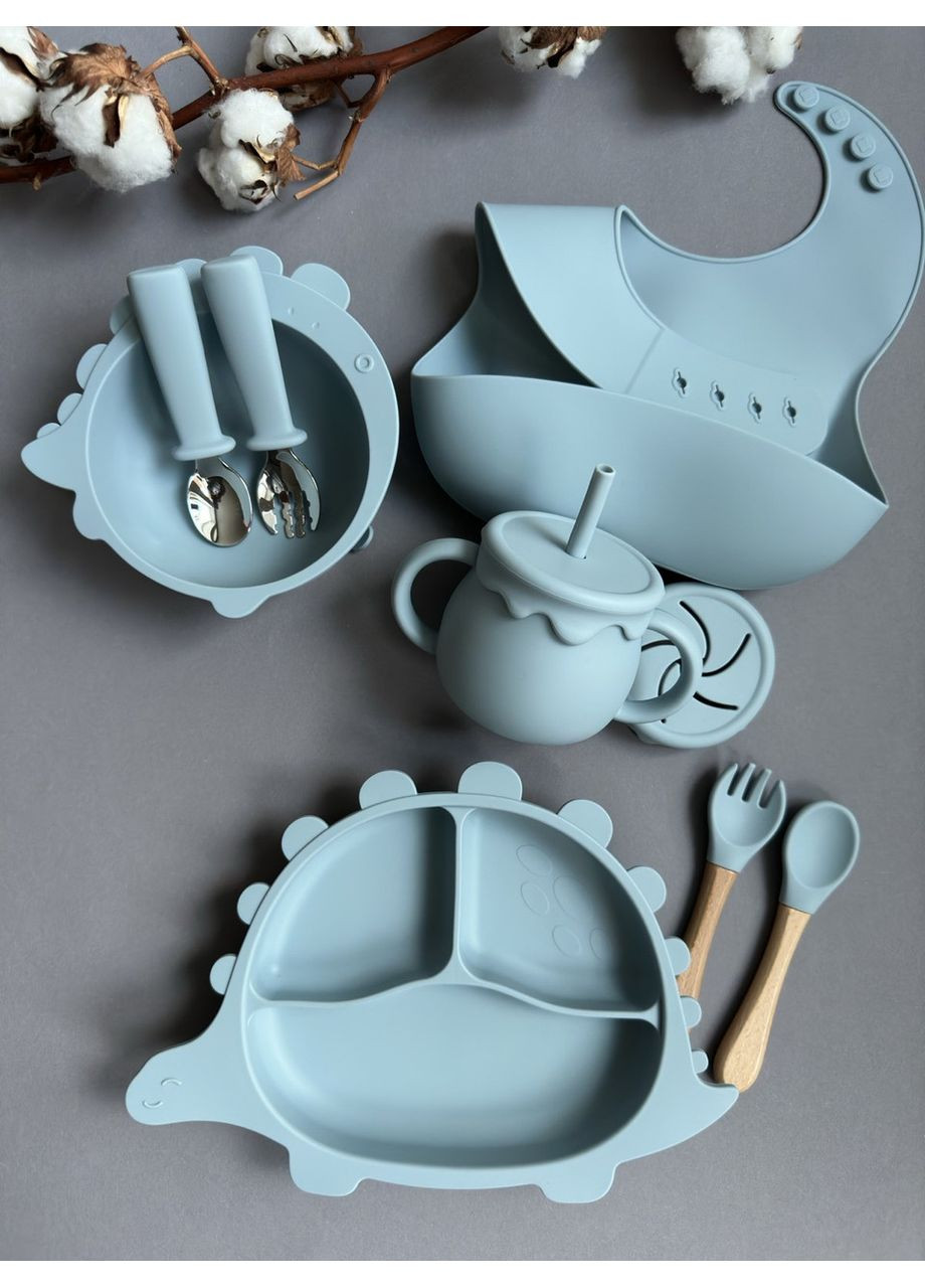 Набір посуду для малюка Діно Дасті блу 9 шт Набір посуду з харчового силікону для хлопчика (0009) No Brand (368999922)