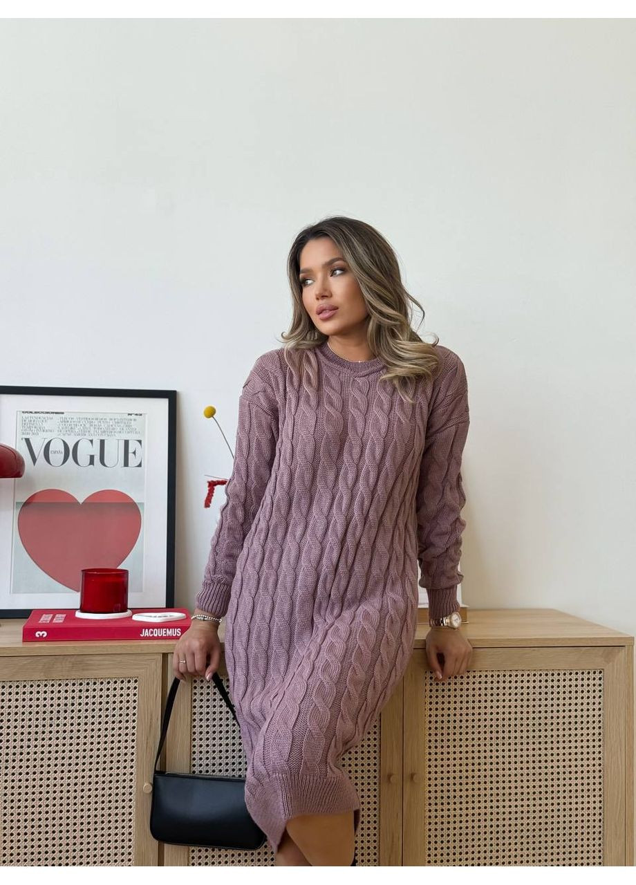 Пудрова тепла шерстяна вязана сукня ламбада з узорами пудра You Best