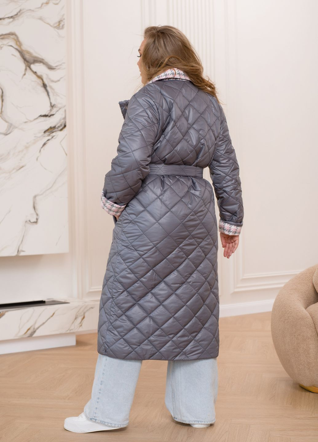 Серое демисезонное Пальто женское демисезонное стеганое из плащевки однобортное No Brand