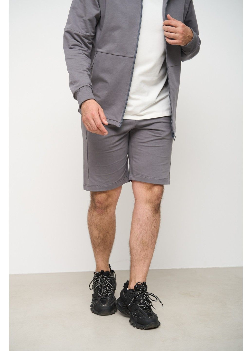 Спортивний костюм чоловічий ТРІЙКА літо SUMMER з кофтою на замку + шорти сірий + футболка молочна Handy Wear (293510741)