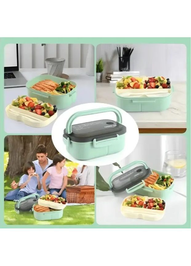 Ланч-бокс на 2 секции 1200 мл зелёный пластиковый контейнер для еды с приборами в комплекте 21×13,5×7 см No Brand (364191270)