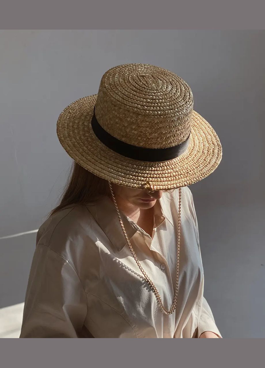 Канотье соломенная шляпа с прямыми полями 6 см с цепью и черной лентой D.Hats (283022805)