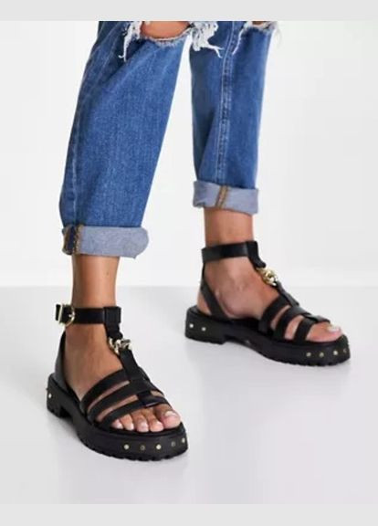 Босоніжки Asos fresham premium leather chunky flat sandals in black (290907851)