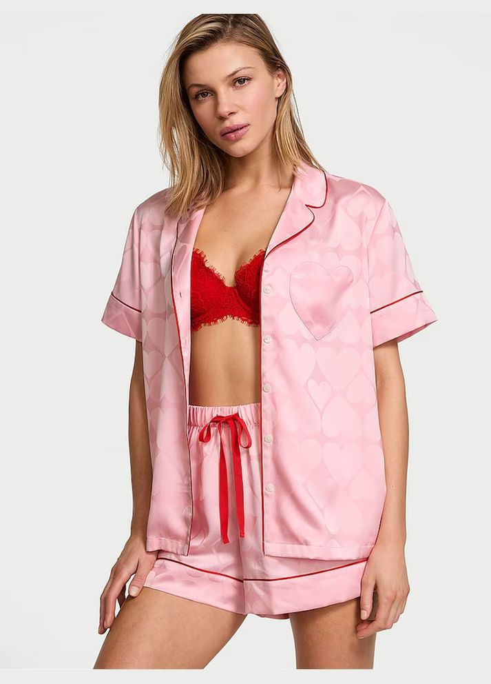 Рожева всесезон піжама жіноча glazed satin short pajama set сатинова рожевий сорочка + шорти Victoria's Secret