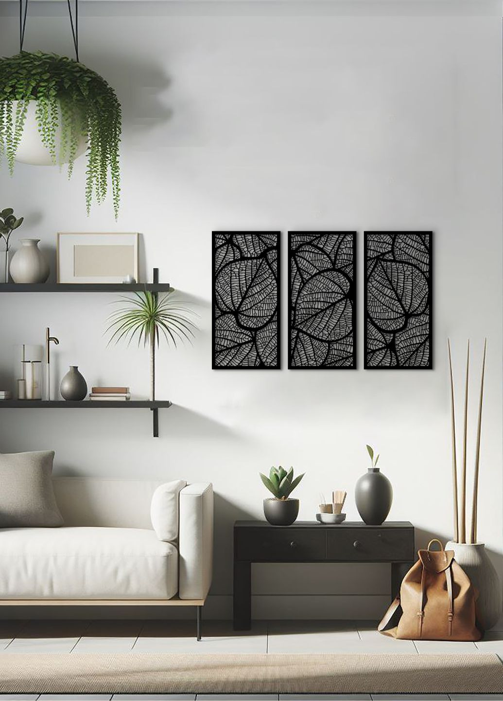 Інтер'єрна картина на стіну, декор в кімнату "Листочки картина з трьох частин", стиль мініімалізм 70х110 см Woodyard (292112218)