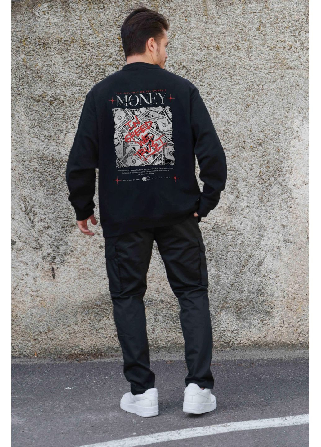 Чорний чоловічий утеплений оверсайз світшот на флісі з принтом money grafity Without однотонний без декору (361057484)