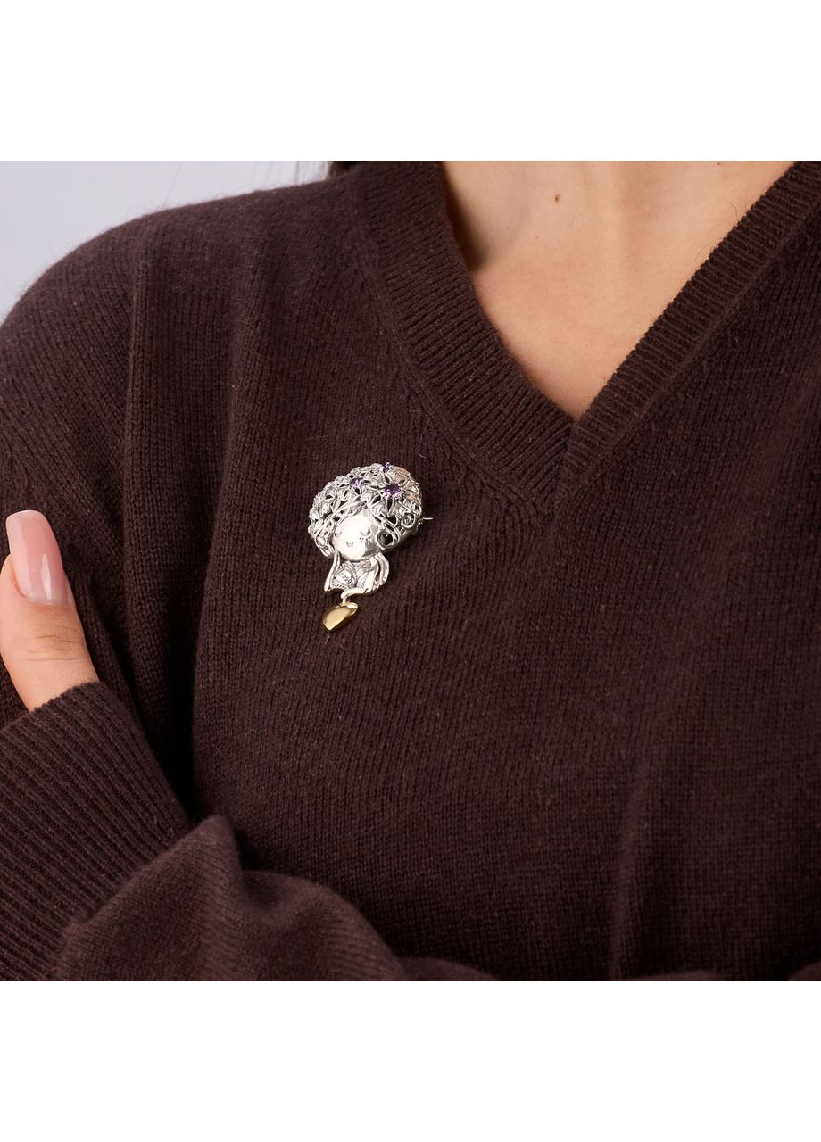 Брошка срібна з підвіскою-серце Панамі-Чраса Amethyst 925 Zirkon Skifska Etnika (364203280)