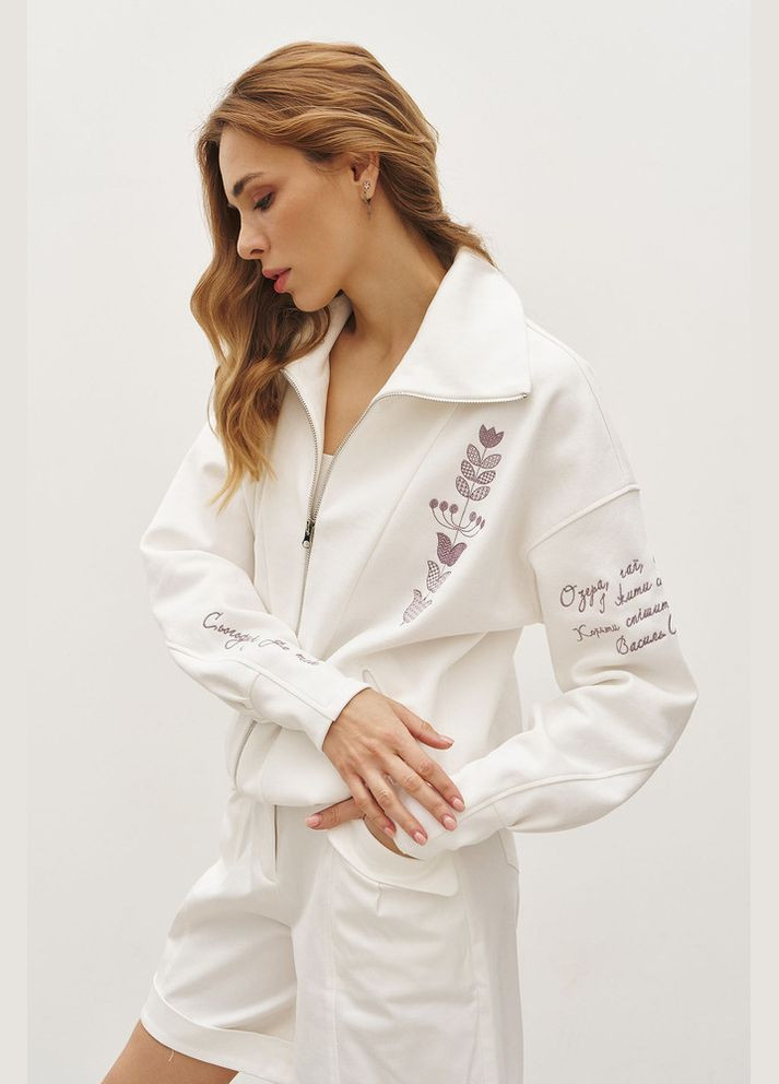 Молочный женская кофта оверсайз на молнии с вышивкой rica mare mkrm4251-1 Modna KAZKA (336931921)