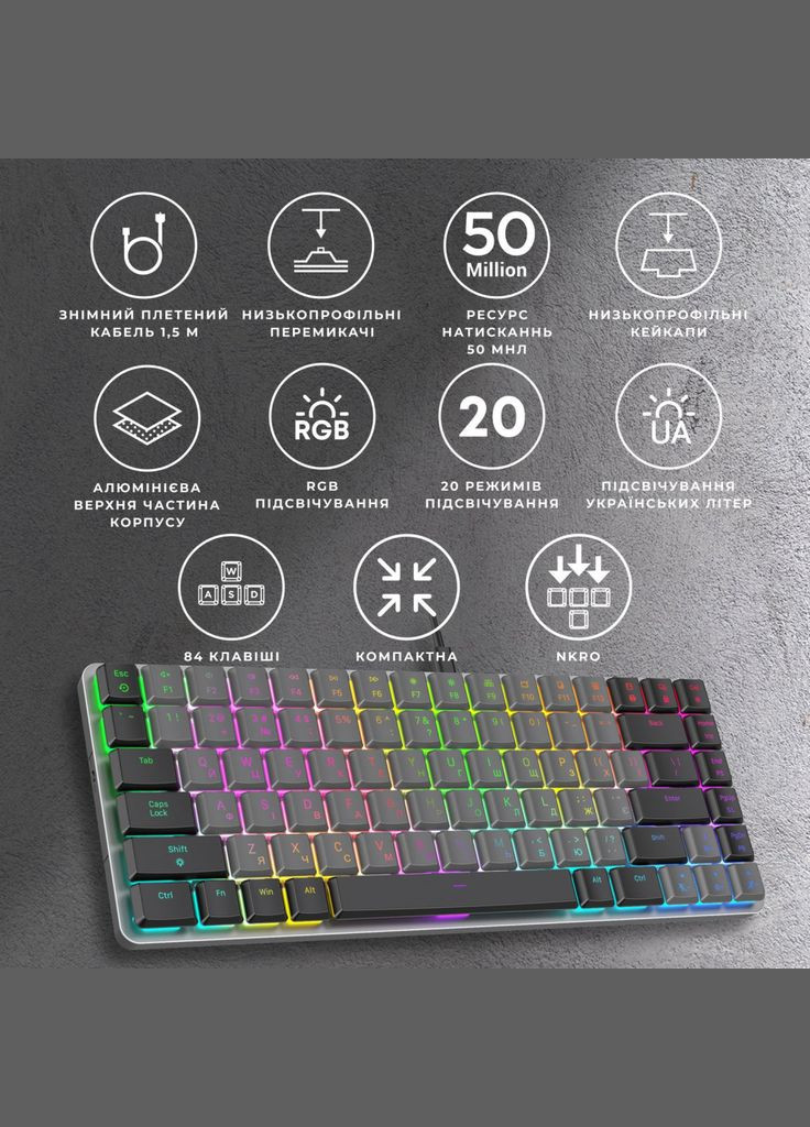 Клавіатура MK141R Red Swich Low Profile RGB USB Dark Gray (MK141R) GAMEPRO (315137808)