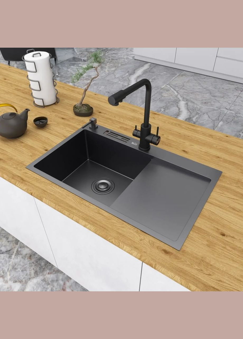 Черная кухонная мойка с правым крылом нержавейка 1.5 мм NB-7848(R) Nett (336939039)