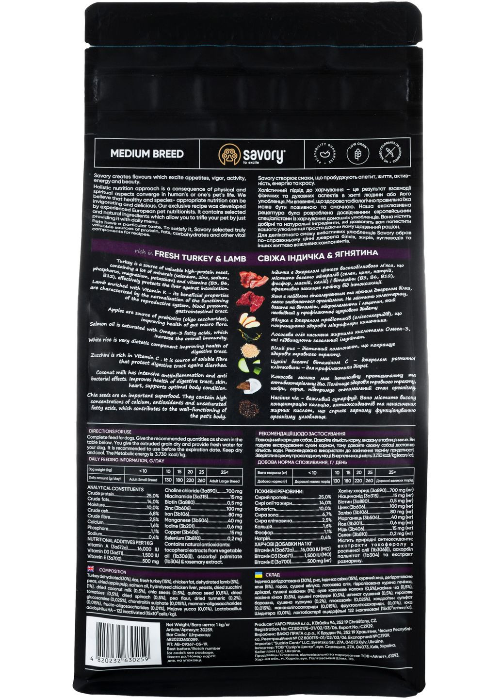 Сухий корм для собак середніх порід зі свіжим м'ясом індички та ягняти 1 кг (30259) Savory (316680016)