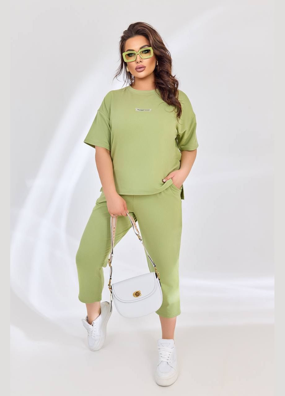 Однотонный летний батальный костюм зеленое яблоко с укороченными штанами/бриджами из качественной двухнитки пенье, костюм 2-ка No Brand 173-8 (295903308)