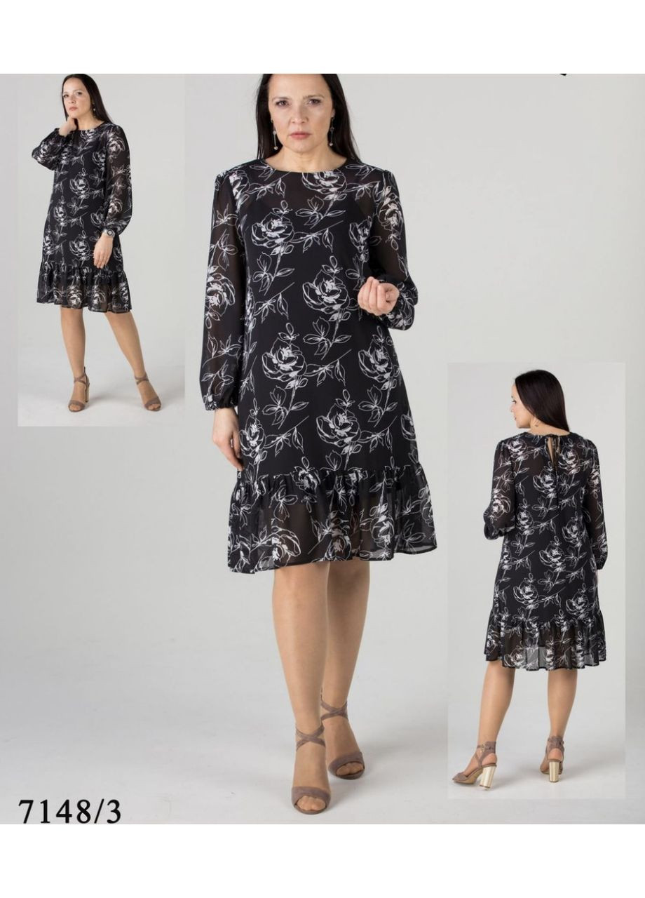 Чорна сукня шифон довгий рукав принт квіти 46 чорна Tell